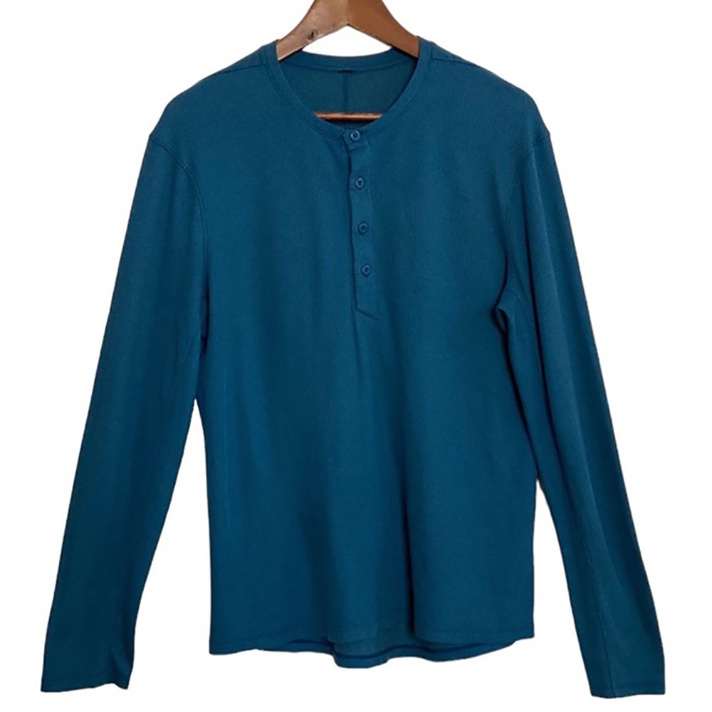Lululemon Shirt Mens Medium Large Blue Long Sleeve Thermal Knit Henley